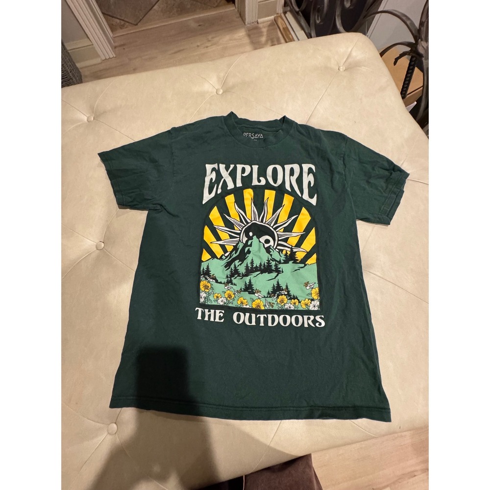 Persaya Explore The Outdoors Graphic Tee Forest Green Mountain Sun T-Shirt L